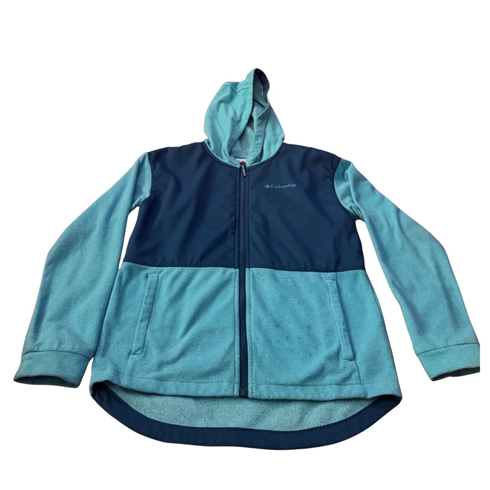 Columbia Girls Teal Navy Blue Full Zip Fleece Hoodie Jacket Size M 10/12